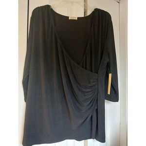 NWT Kiyonna Top Tunic 1X Plus Black Faux Wrap Slimming Packable